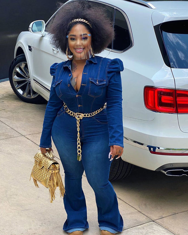 Deja Denim Puff Flared Jumpsuit