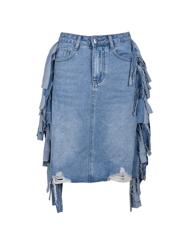 DENIM SHORTS ASYMMETRIC FRINGE SKIRT