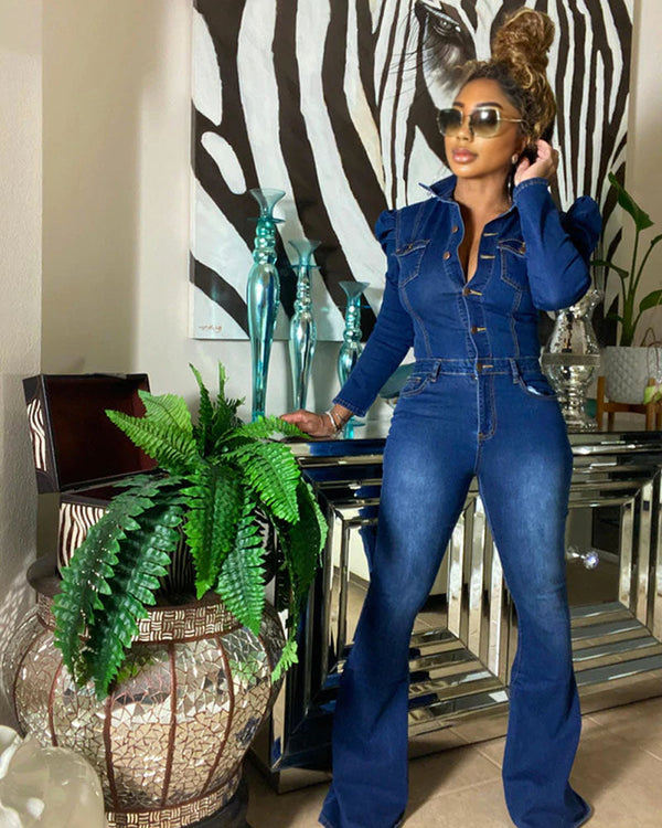 Deja Denim Puff Flared Jumpsuit