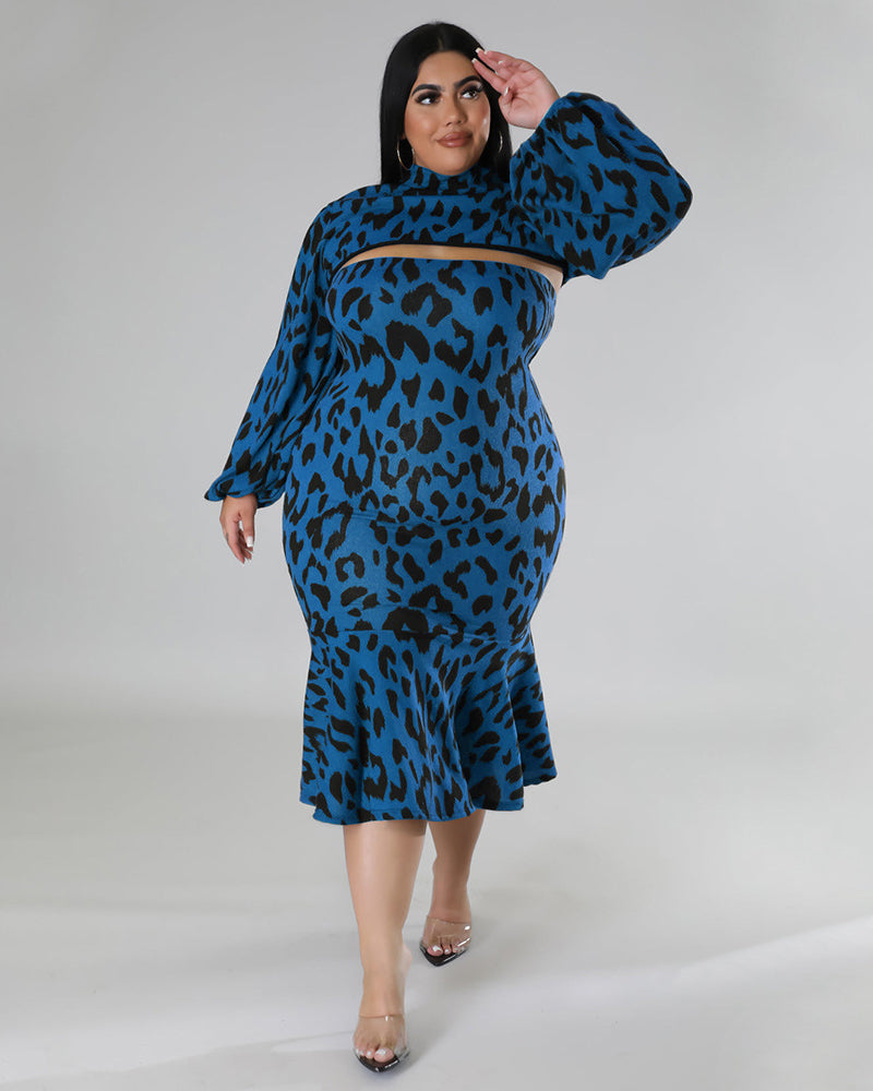 Slim Stand Collar Ruffle Dress Set