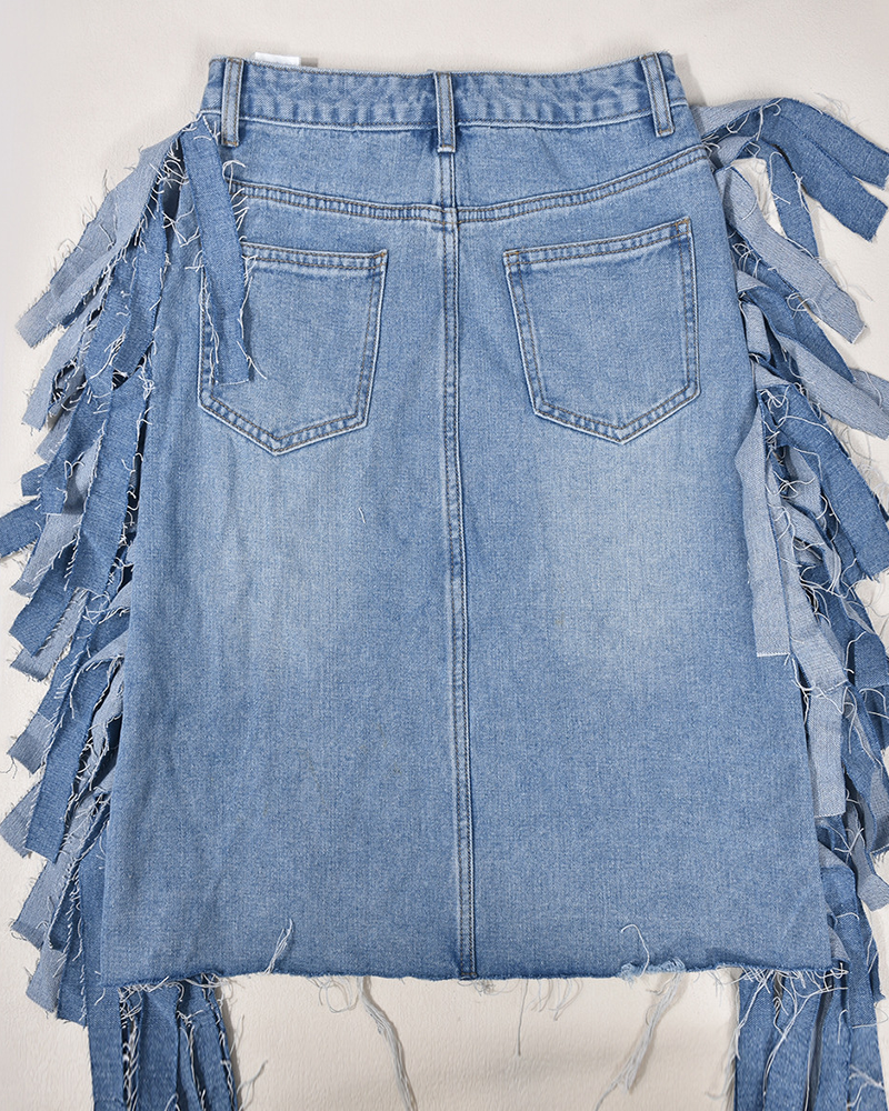 DENIM SHORTS ASYMMETRIC FRINGE SKIRT