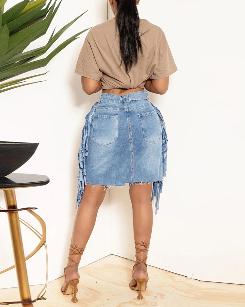 DENIM SHORTS ASYMMETRIC FRINGE SKIRT