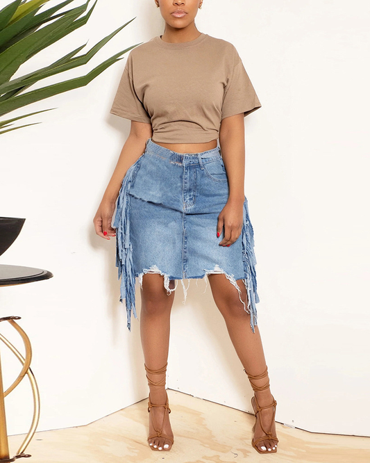 DENIM SHORTS ASYMMETRIC FRINGE SKIRT
