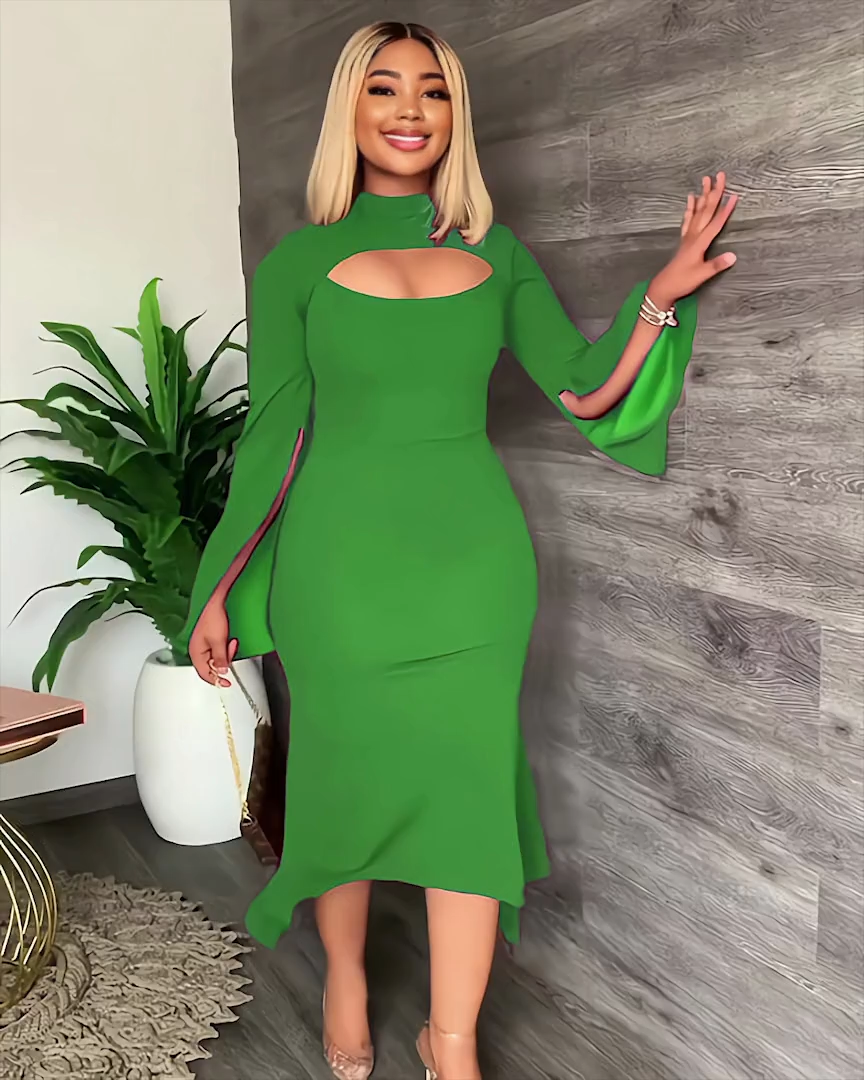 Slim Slit Hollow Ruffle Dress