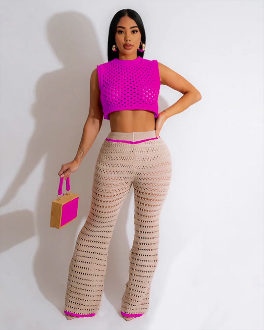 Summer Knit Rib Hollow Pants Set