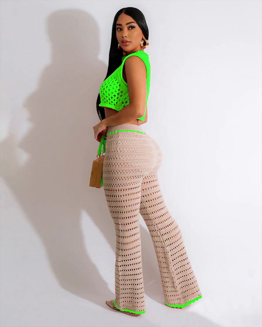 Summer Knit Rib Hollow Pants Set