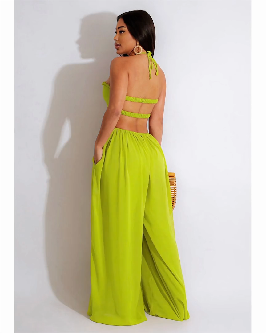 Smocked Halter Top Wide Leg Jumpsuit