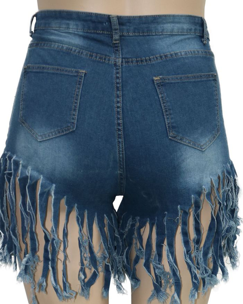 HIGH-BREASTED TASSEL DENIM SHORTS