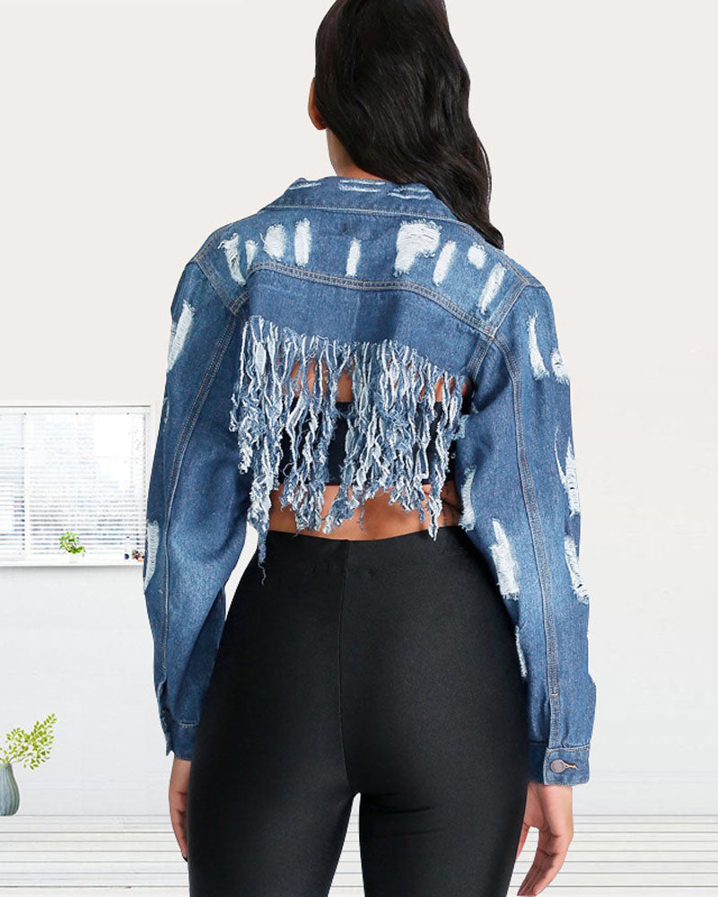 SUPER CROP DISTRESSED DENIM JACKET
